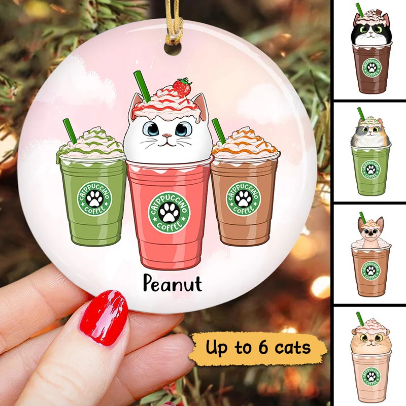 Catpuccino Cats Coffee Lover Personalized Circle Ornament - Image 2