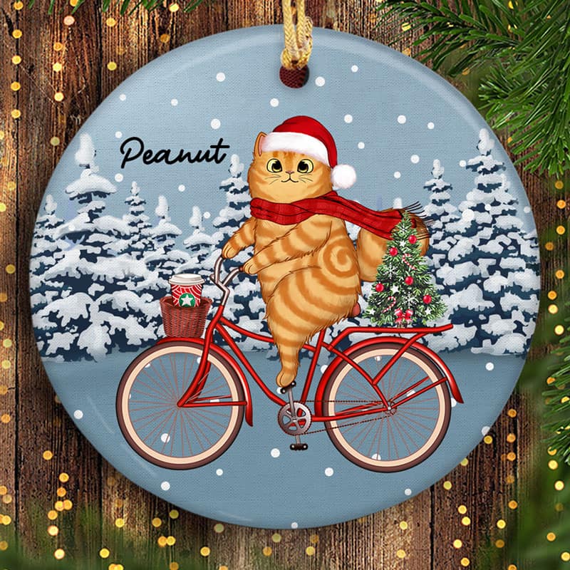 Cats Christmas Bicycle Personalized Circle Ornament - Image 2