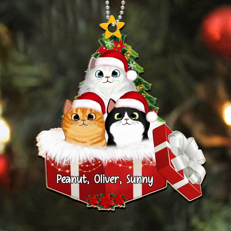 Cats In Christmas Gift Box Personalized Wooden Ornament - Image 3