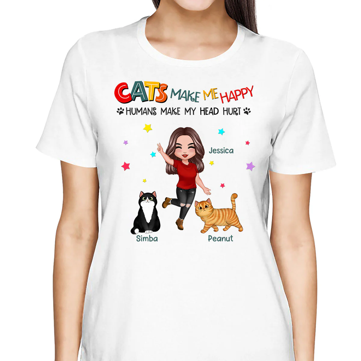 Cats Make Me Happy Fluffy Cat & Doll Girl Personalized Shirt - Image 2