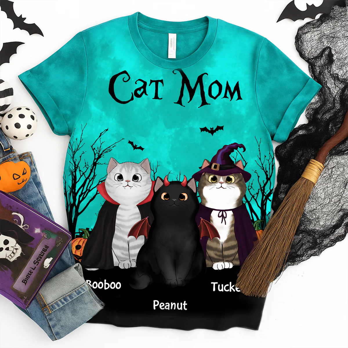 Cat Mom Halloween Moon Light Bat Tree Witchy Theme Personalized Shirt, Purrfect Costume for Cat Lover - Image 10
