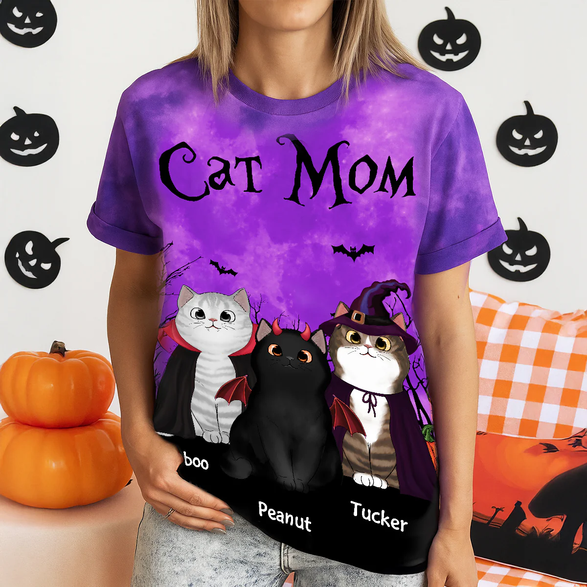 Cat Mom Halloween Moon Light Bat Tree Witchy Theme Personalized Shirt, Purrfect Costume for Cat Lover - Image 4
