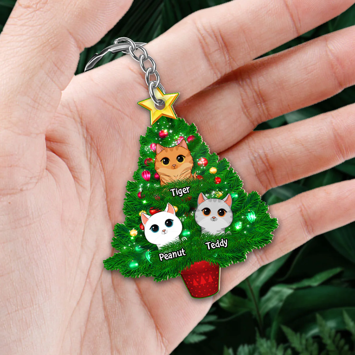 Cats On Christmas Tree Personalized Wooden Keychain - Image 2