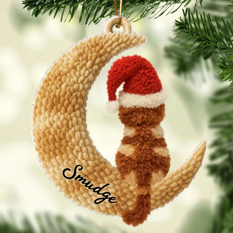 Cats Sitting on Moon Latch Hook Yarn Faux - Personalized Acrylic Ornament - Christmas Gift for Cat Lovers - Image 9