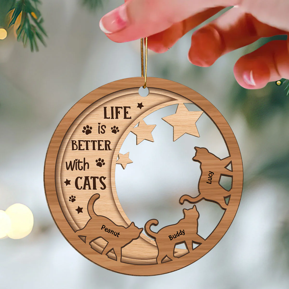 Cats Walking On Moon Personalized Wooden Ornament - Image 3
