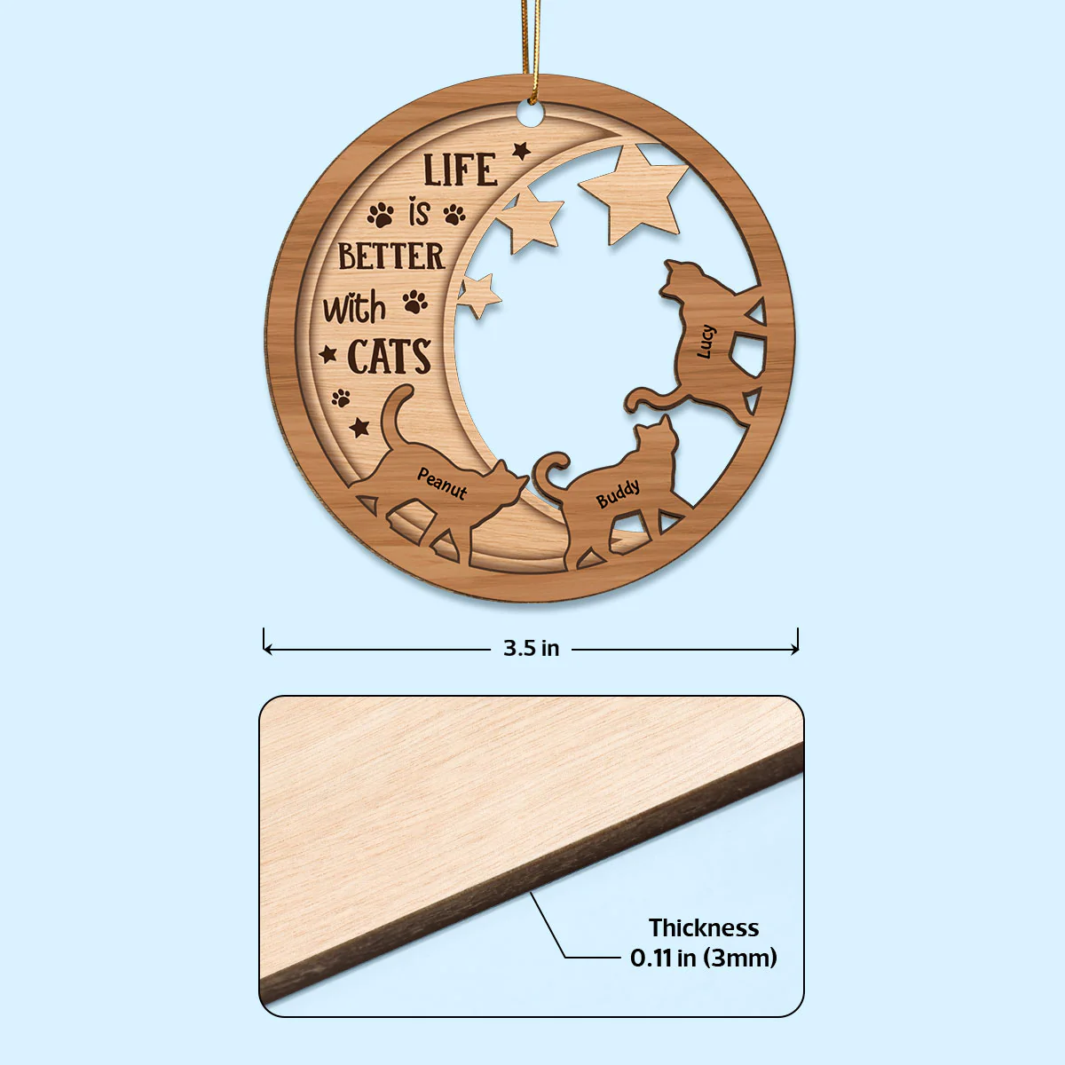 Cats Walking On Moon Personalized Wooden Ornament - Image 4
