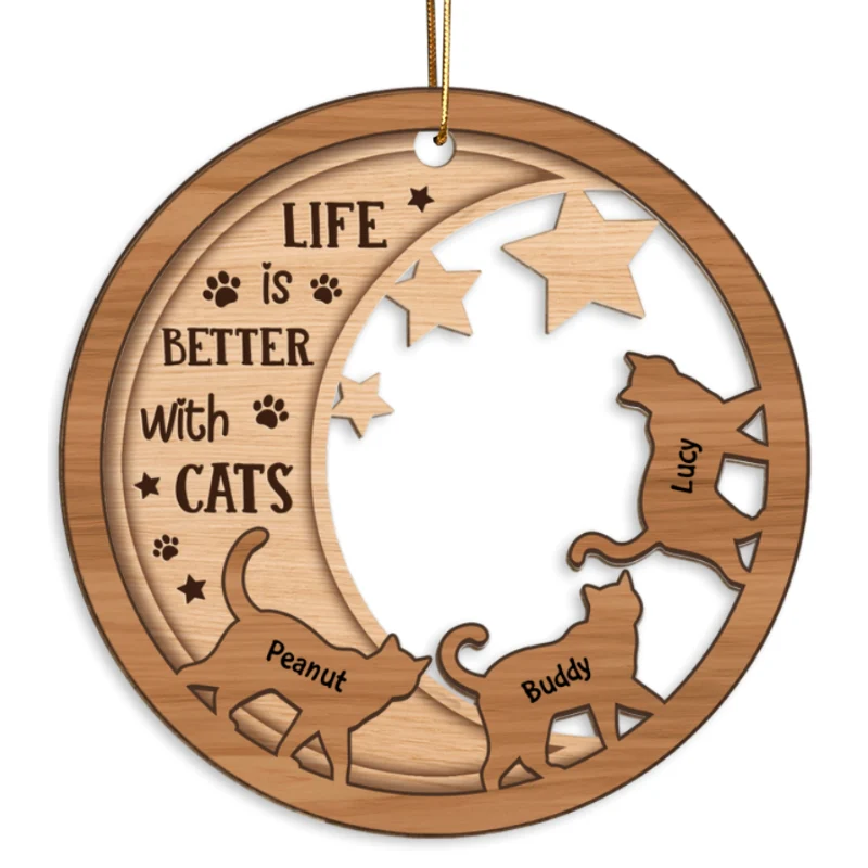 Cats Walking On Moon Personalized Wooden Ornament - Image 5