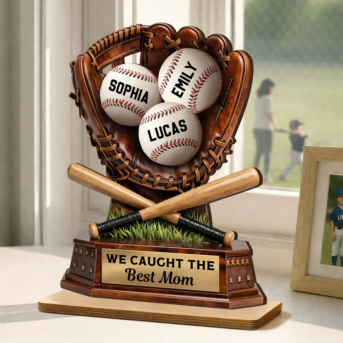 Caught The Best Mom Baseball - Personalized 2-Layered Wooden Plaque - Gift For Baseball Mom - Image 2