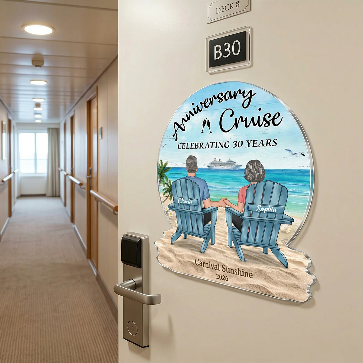 Celebrating Anniversary Couple Back View At The Beach - Personalized Cruise Cabin Door Magnet - Anniversary Cruise Keepsake - Image 2