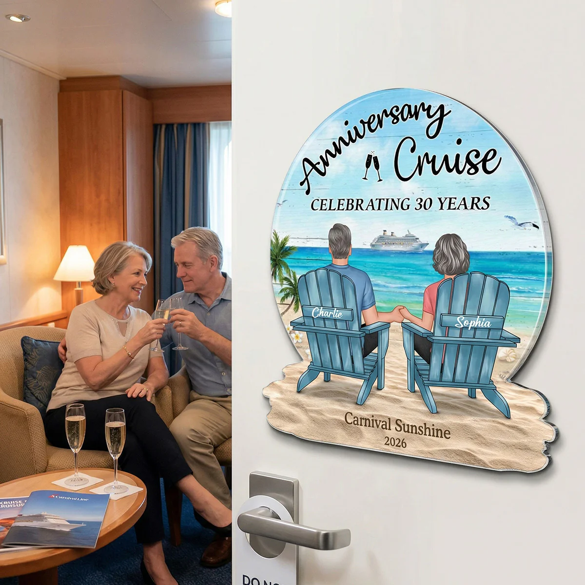 Celebrating Anniversary Couple Back View At The Beach - Personalized Cruise Cabin Door Magnet - Anniversary Cruise Keepsake - Image 4