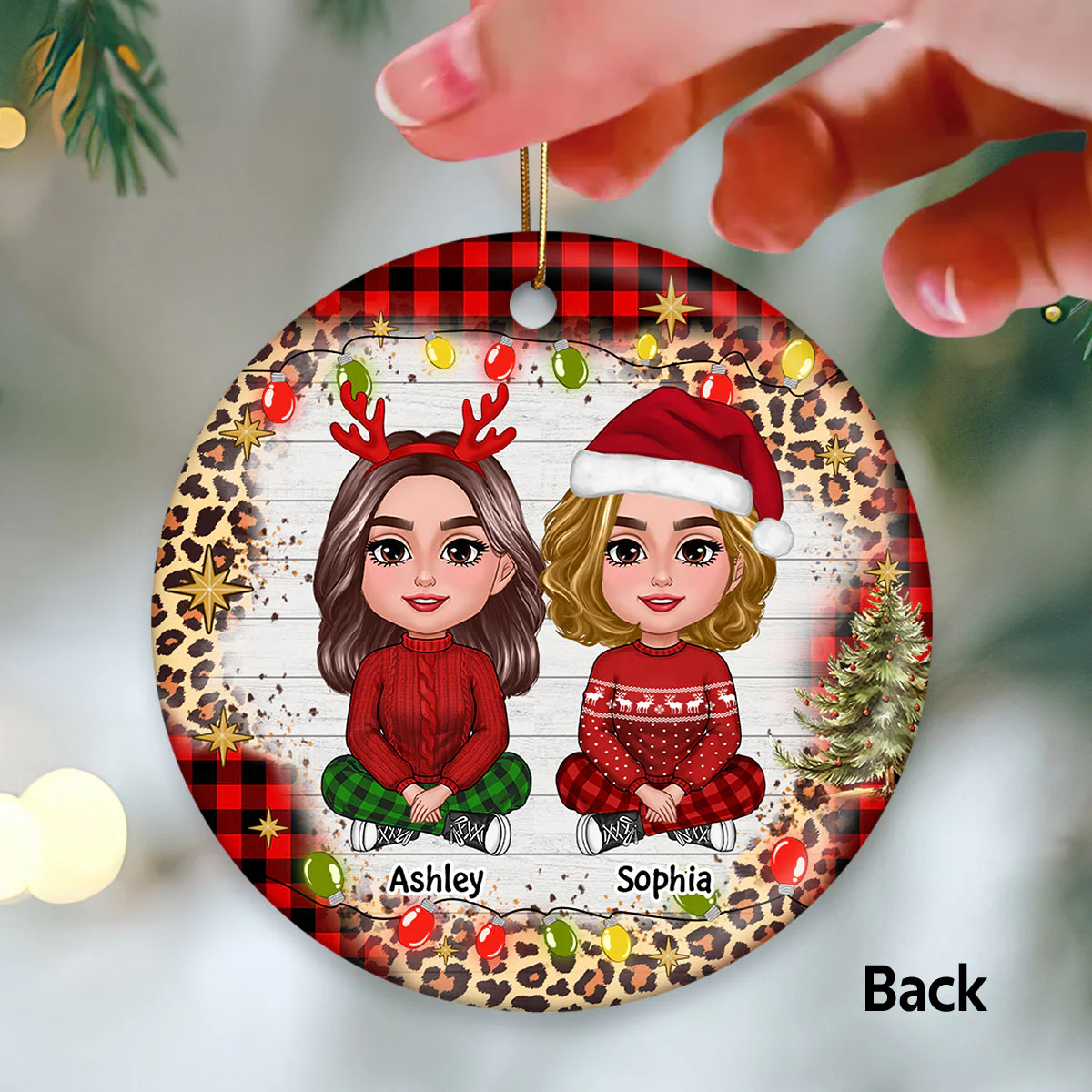 Checkered And Leopard Besties Sisters Sitting Personalized Double Sided Circle Ornament - Image 3
