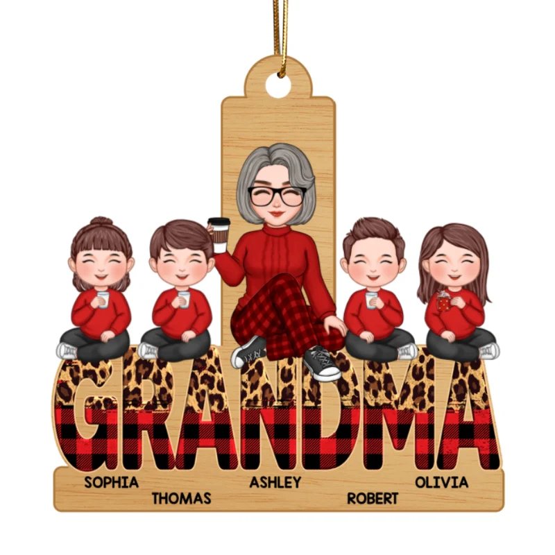 Checkered And Leopard Grandma Grandkids Sitting Personalized Wooden Ornament - Image 5