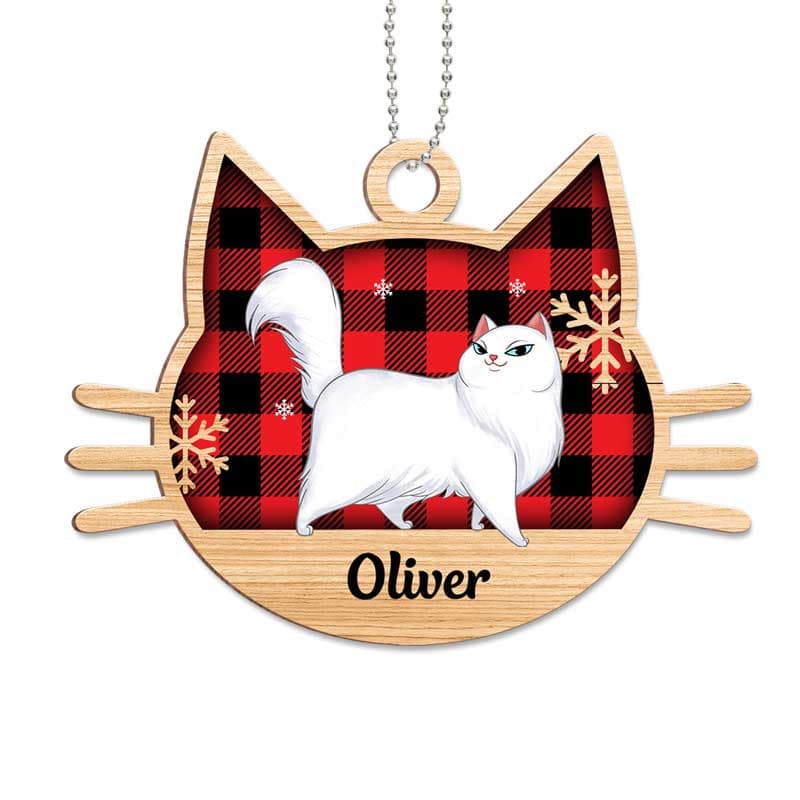 Checkered Cartoon Walking Cat Personalized Wooden Ornament