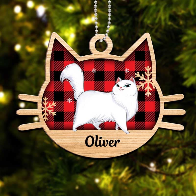 Checkered Cartoon Walking Cat Personalized Wooden Ornament - Image 2