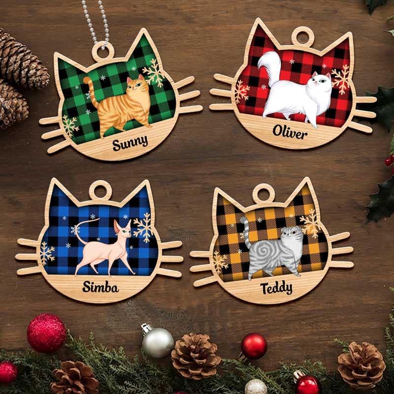 Checkered Cartoon Walking Cat Personalized Wooden Ornament - Image 3