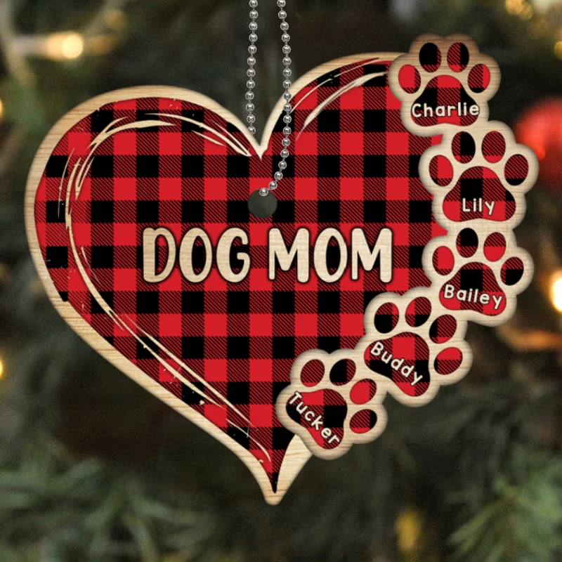 Checkered Dog Mom Heart Paw Prints Personalized Wooden Ornament