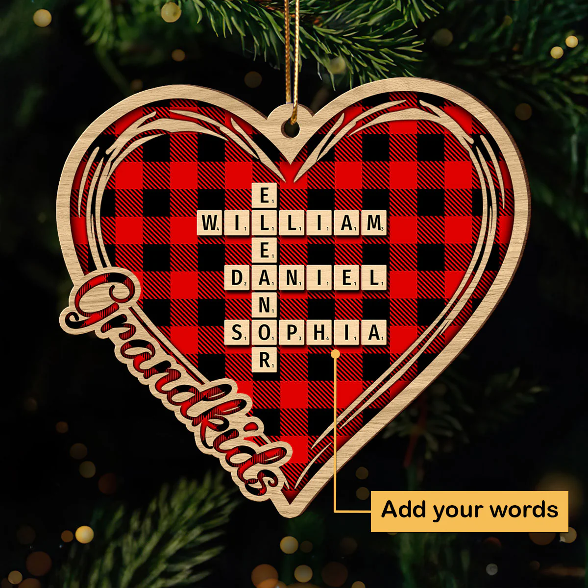 Checkered Heart Crossword Puzzle Art Personalized Wooden Ornament, Christmas Gift for Grandkids, Granddaughter Grandson, Gift for Grandma