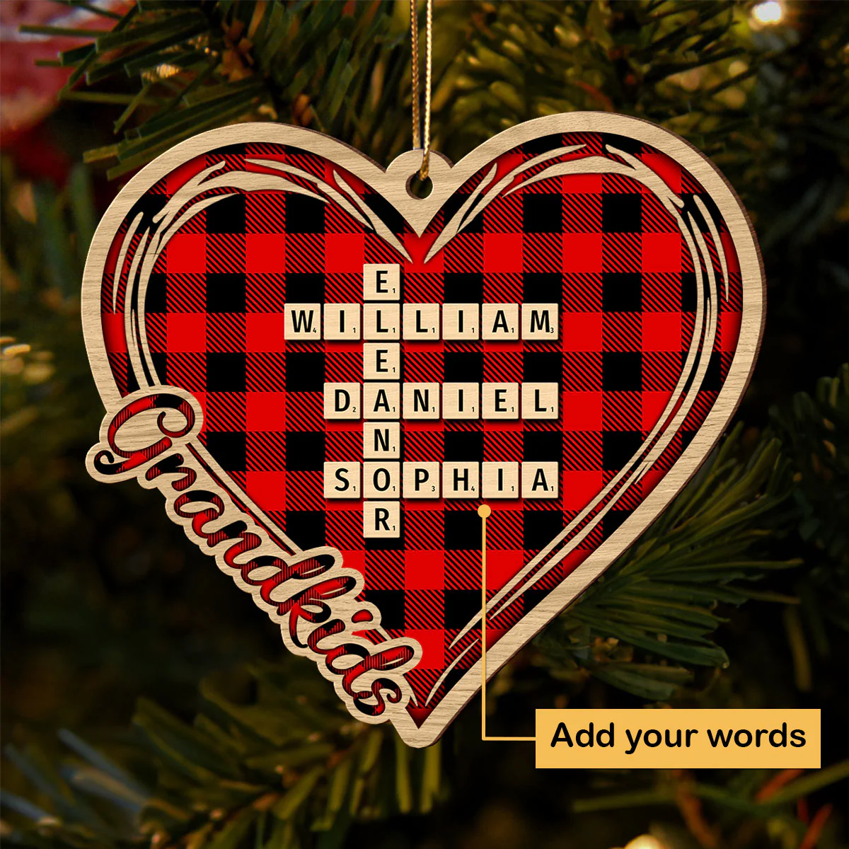Checkered Heart Crossword Puzzle Art Personalized Wooden Ornament, Christmas Gift for Grandkids, Granddaughter Grandson, Gift for Grandma - Image 2