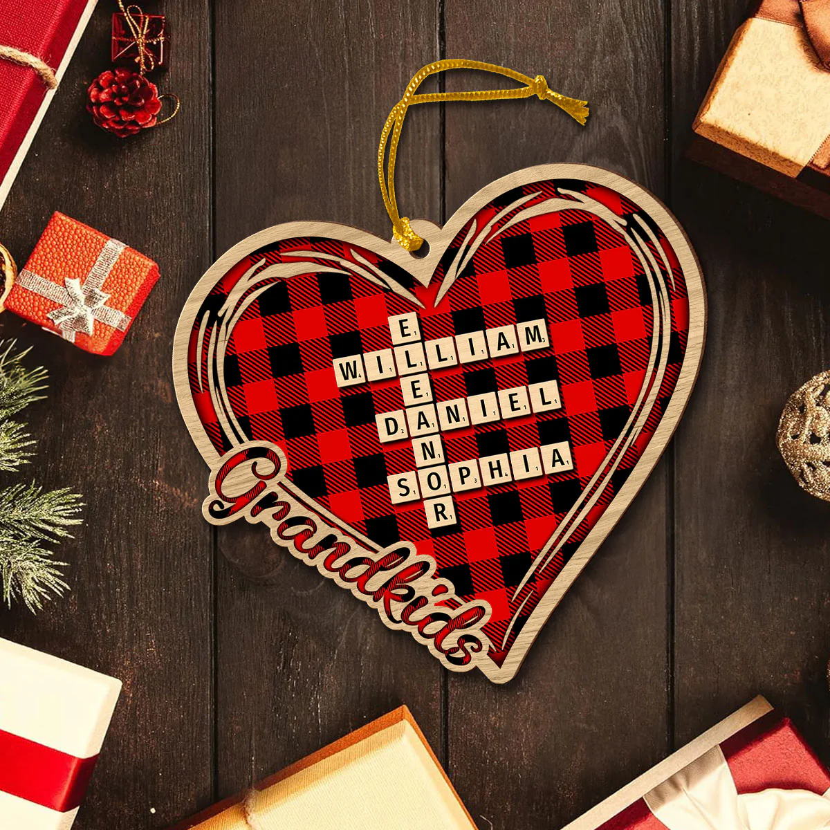 Checkered Heart Crossword Puzzle Art Personalized Wooden Ornament, Christmas Gift for Grandkids, Granddaughter Grandson, Gift for Grandma - Image 3