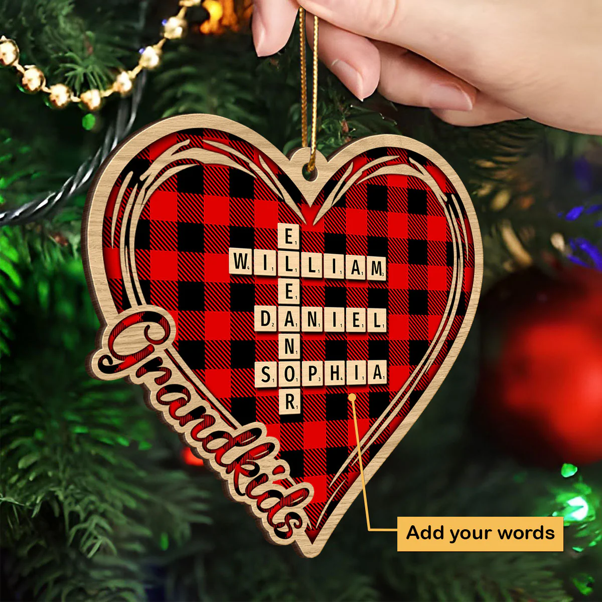 Checkered Heart Crossword Puzzle Art Personalized Wooden Ornament, Christmas Gift for Grandkids, Granddaughter Grandson, Gift for Grandma - Image 4