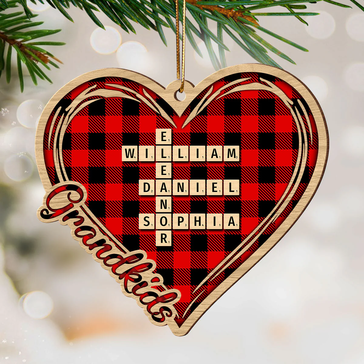Checkered Heart Crossword Puzzle Art Personalized Wooden Ornament, Christmas Gift for Grandkids, Granddaughter Grandson, Gift for Grandma - Image 5