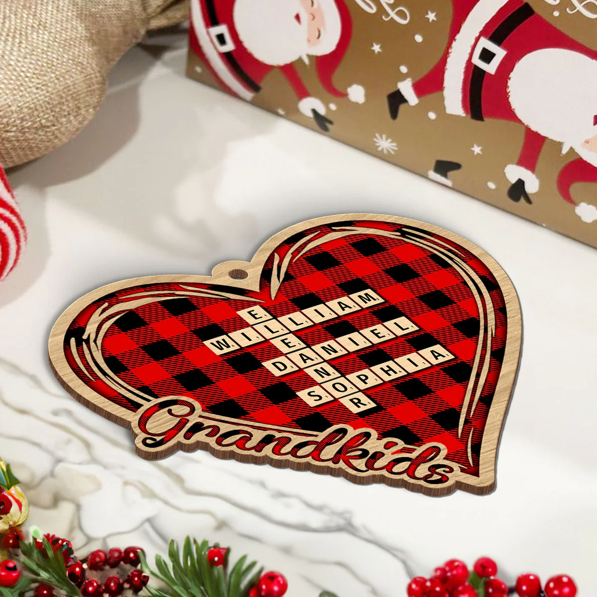 Checkered Heart Crossword Puzzle Art Personalized Wooden Ornament, Christmas Gift for Grandkids, Granddaughter Grandson, Gift for Grandma - Image 6