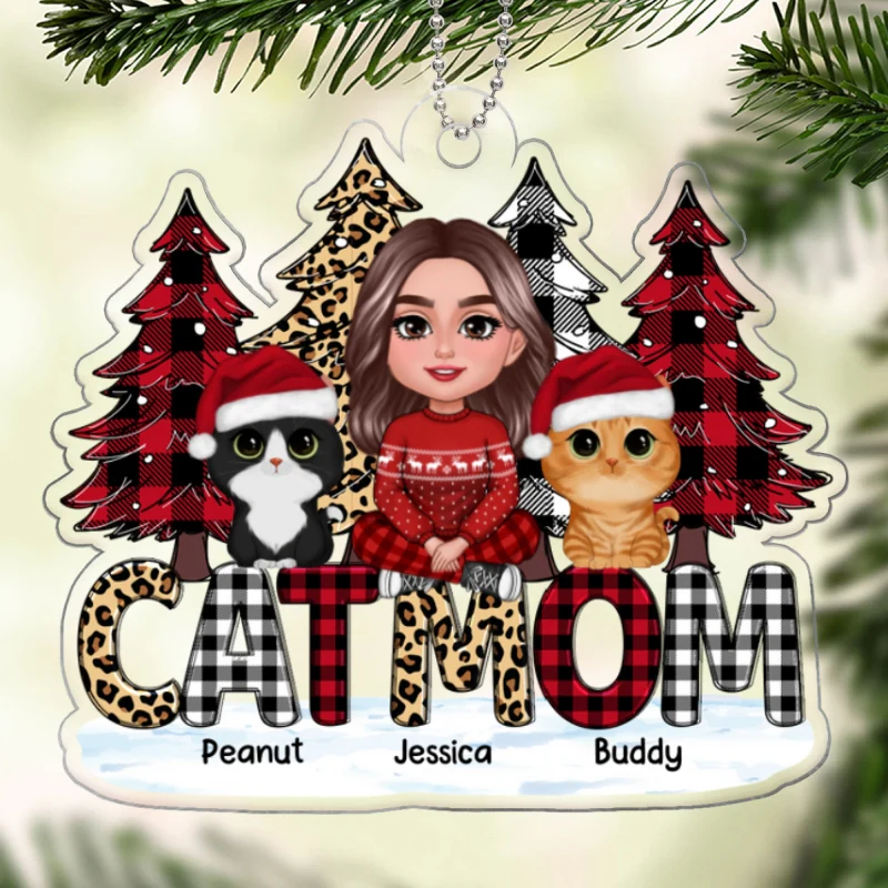 Checkered Leopard Christmas Tree Cat Mom Sitting Personalized Acrylic Ornament - Image 5
