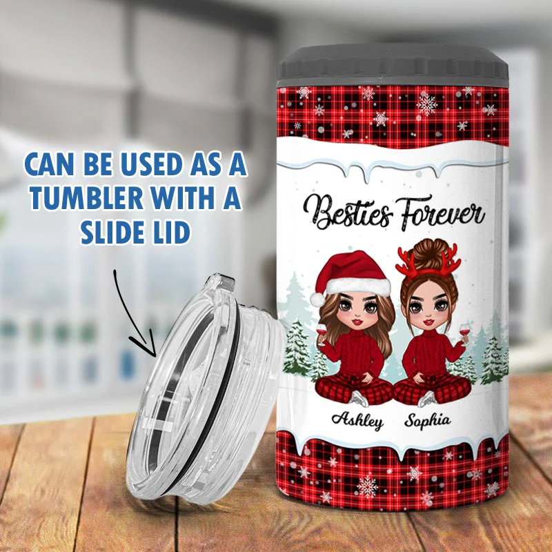 Checkered Pattern Besties Sisters Personalized 4 In 1 Can Cooler - Image 7
