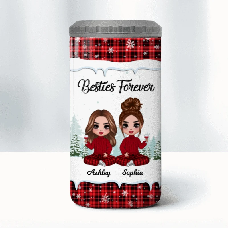 Checkered Pattern Besties Sisters Personalized 4 In 1 Can Cooler - Image 8