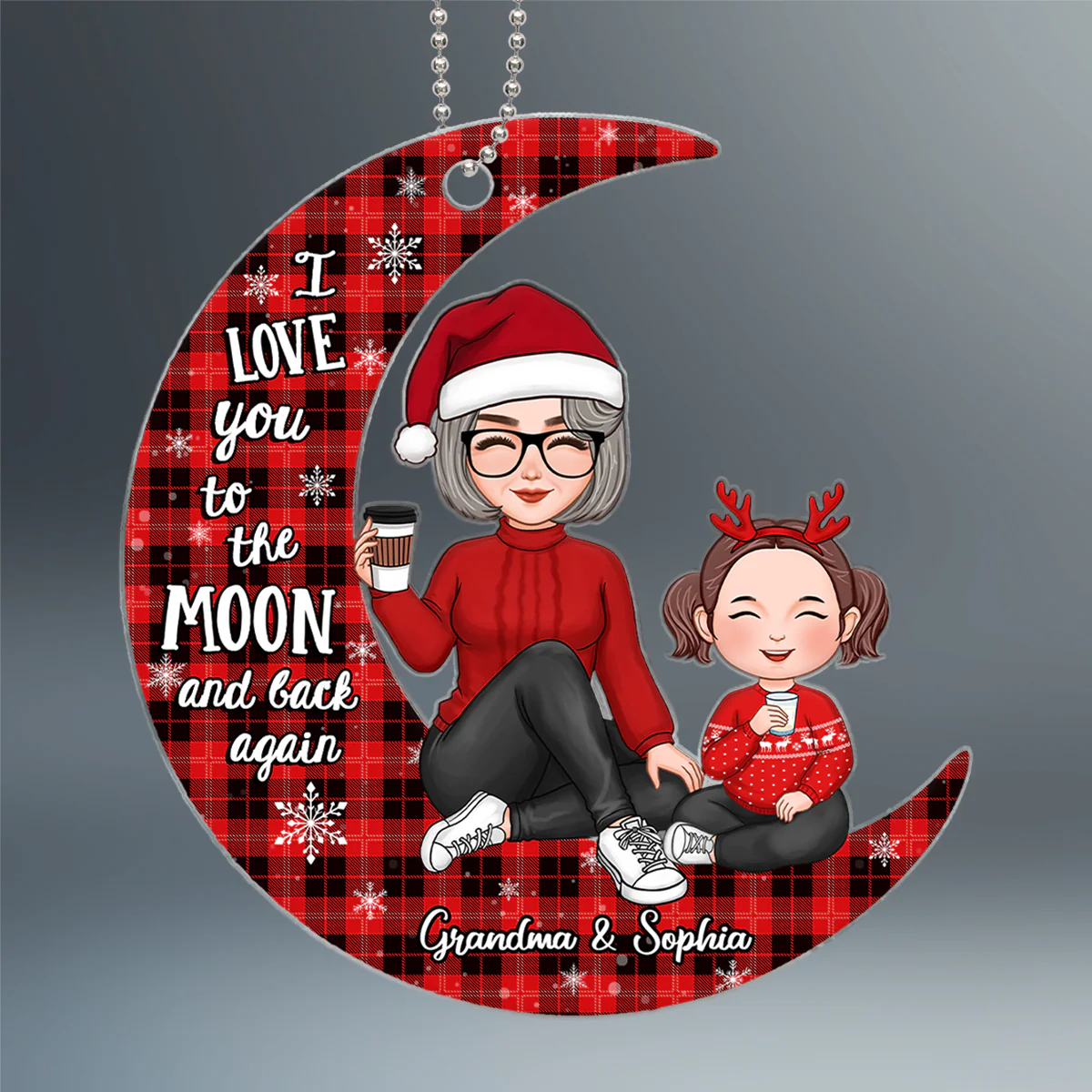 Checkered Pattern Cute Grandma Grandpa & Grandkid On Moon Christmas Gift Personalized Acrylic Ornament - Image 2