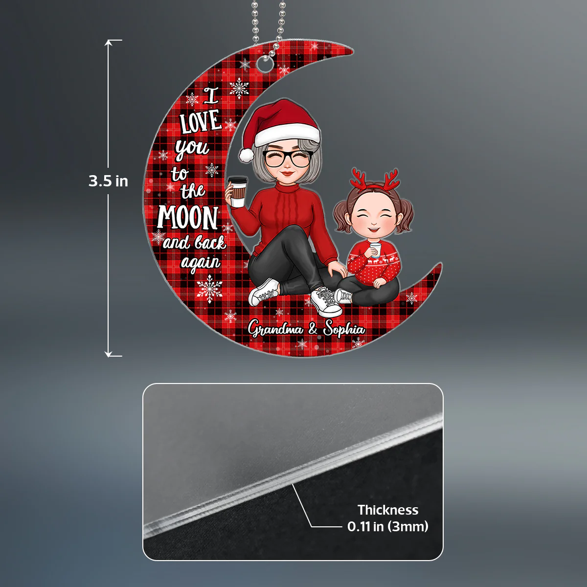 Checkered Pattern Cute Grandma Grandpa & Grandkid On Moon Christmas Gift Personalized Acrylic Ornament - Image 4