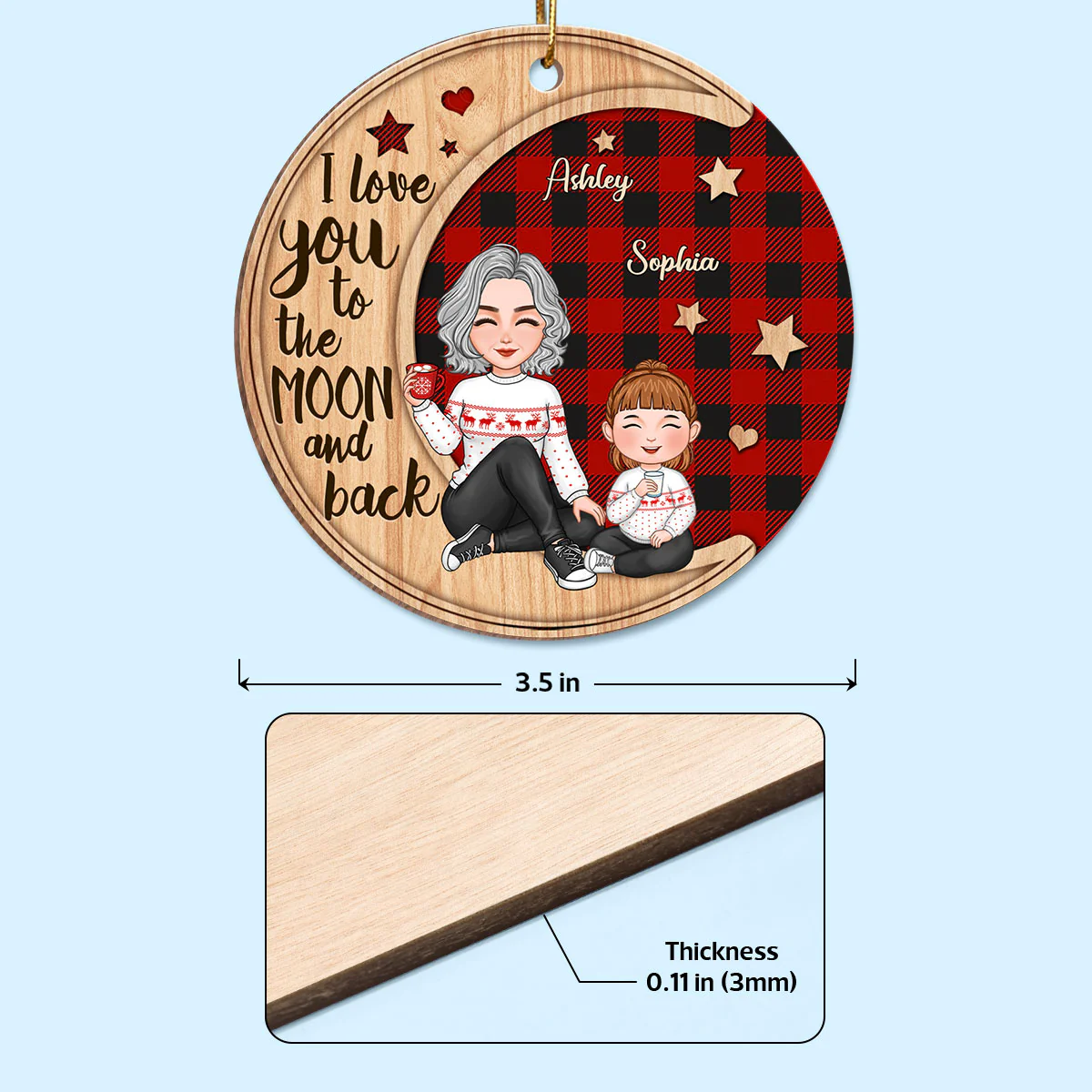 Checkered Pattern Cute Grandma Sitting With Grandkids On Moon Christmas Personalized Wooden Ornament - Image 3