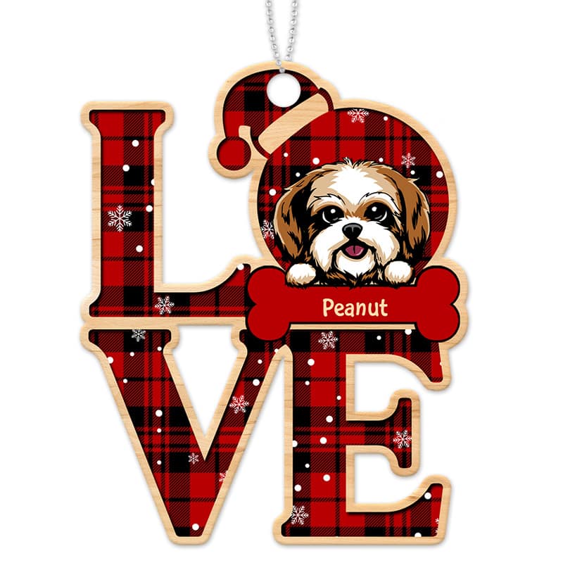 Checkered Pattern Dog LOVE Personalized Wooden Ornament