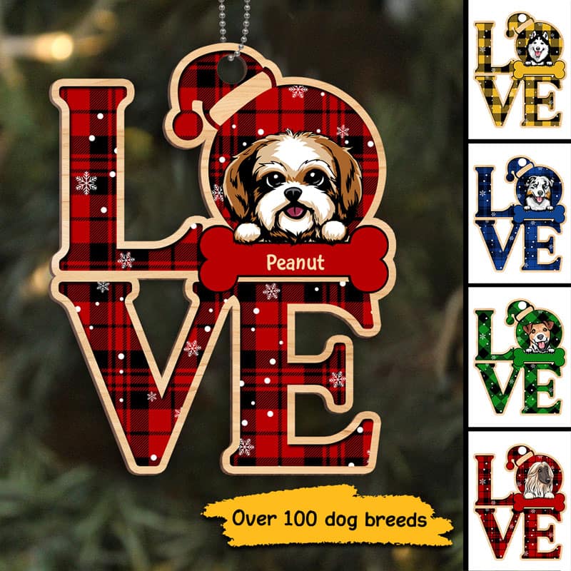 Checkered Pattern Dog LOVE Personalized Wooden Ornament - Image 2