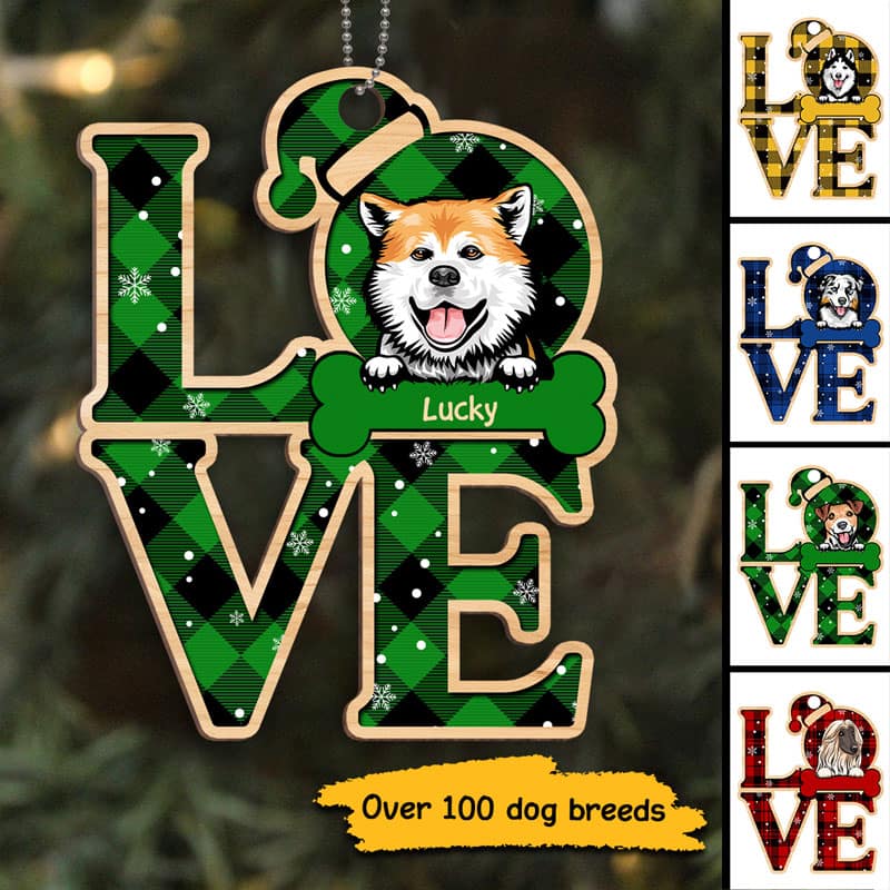 Checkered Pattern Dog LOVE Personalized Wooden Ornament - Image 3