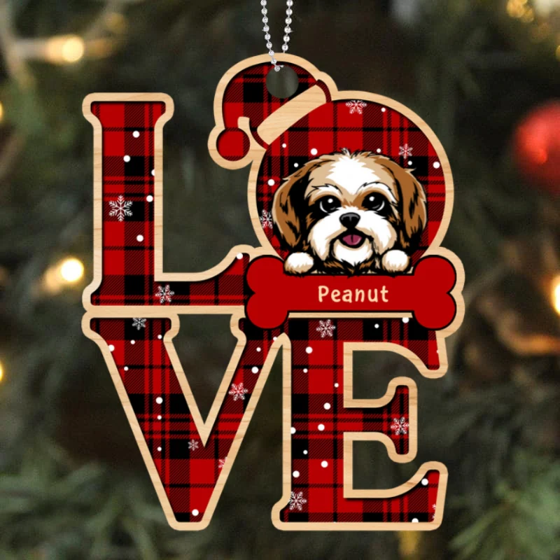 Checkered Pattern Dog LOVE Personalized Wooden Ornament - Image 4