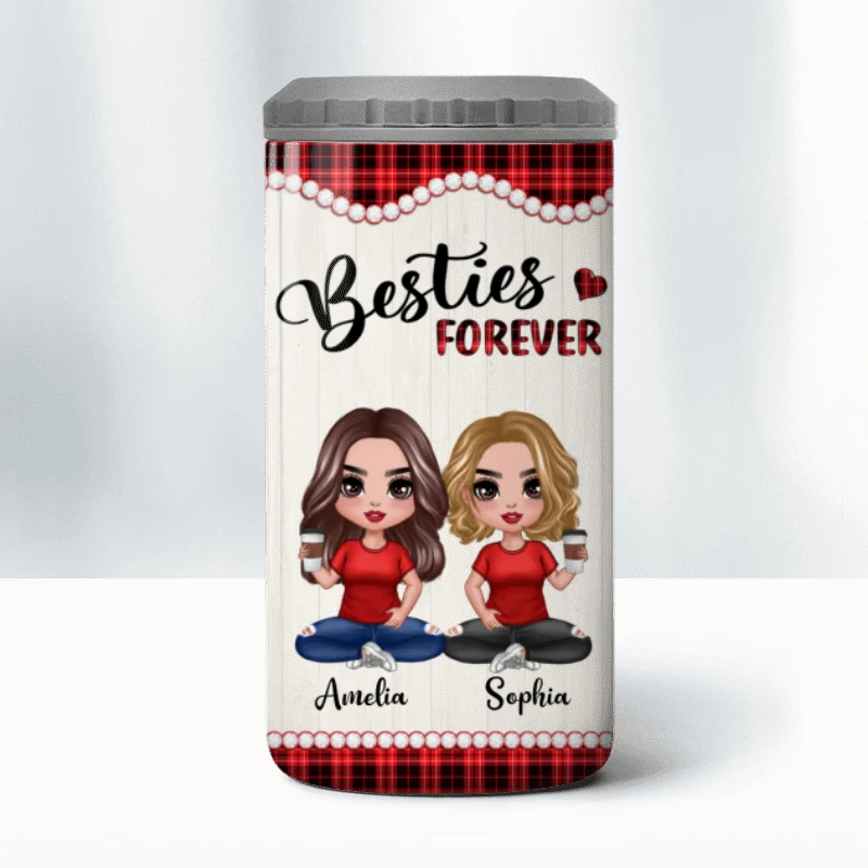 Checkered Pattern Doll Besties Sisters Sitting Personalized 4 In 1 Can Cooler - Image 10