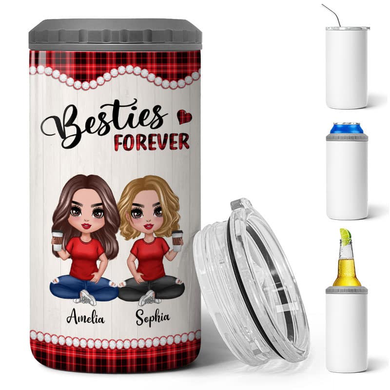 Checkered Pattern Doll Besties Sisters Sitting Personalized 4 In 1 Can Cooler - Image 3