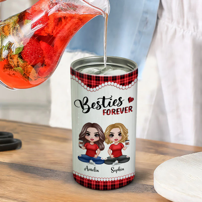 Checkered Pattern Doll Besties Sisters Sitting Personalized 4 In 1 Can Cooler - Image 6