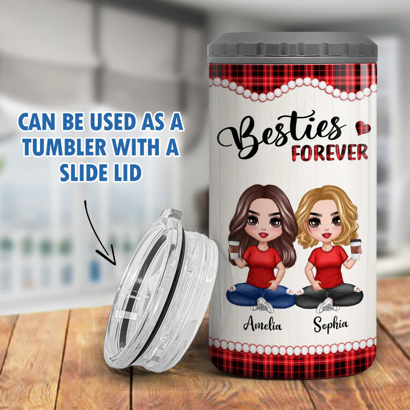 Checkered Pattern Doll Besties Sisters Sitting Personalized 4 In 1 Can Cooler - Image 9