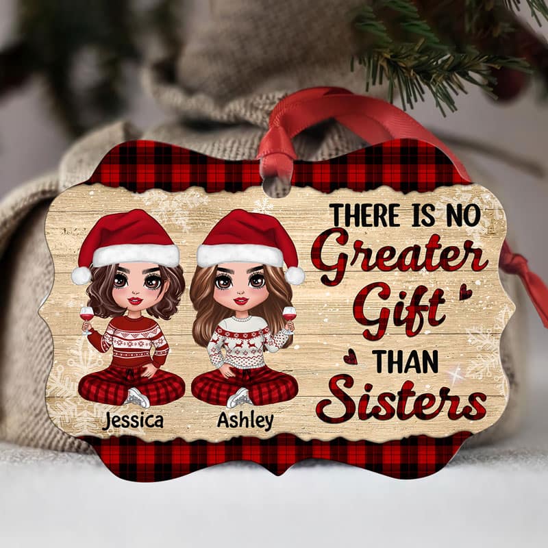 Checkered Pattern Doll Besties Sitting Personalized Christmas Ornament - Image 2
