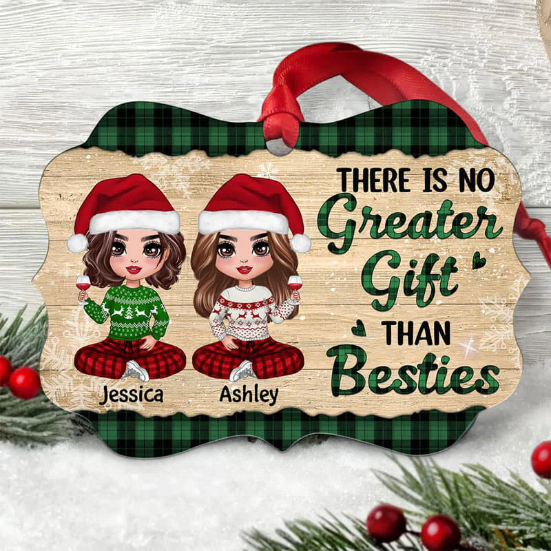 Checkered Pattern Doll Besties Sitting Personalized Christmas Ornament - Image 3