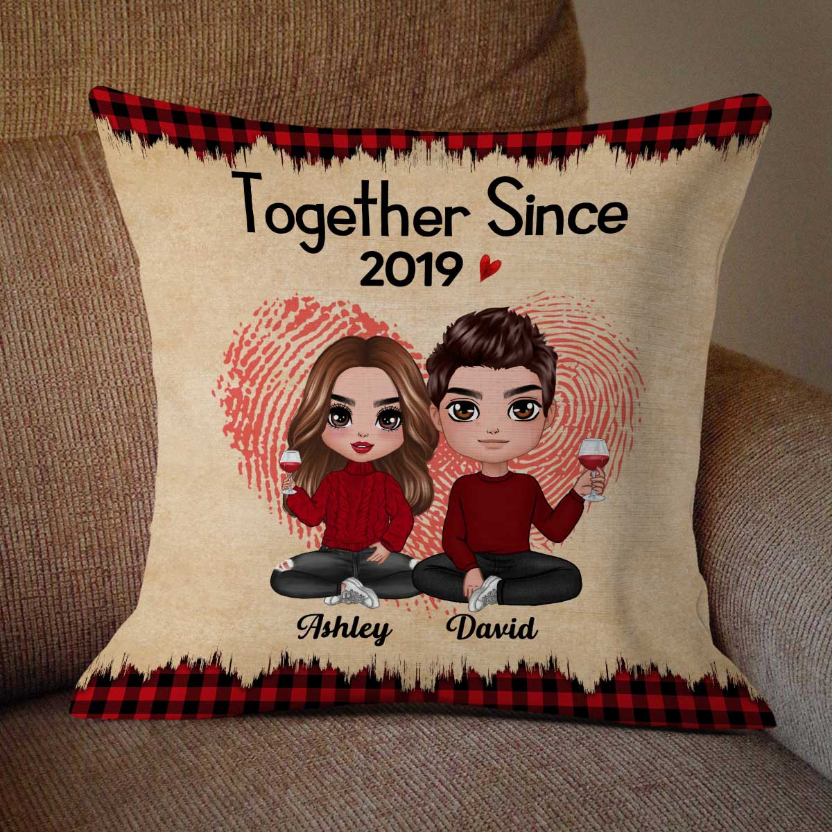Checkered Pattern Doll Couple Sitting  Anniversary Gift For Him For Her Personalized Pillow - Image 2