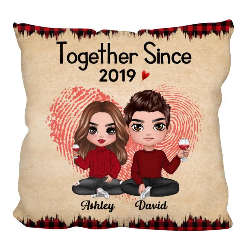 Checkered Pattern Doll Couple Sitting  Anniversary Gift For Him For Her Personalized Pillow - Image 4