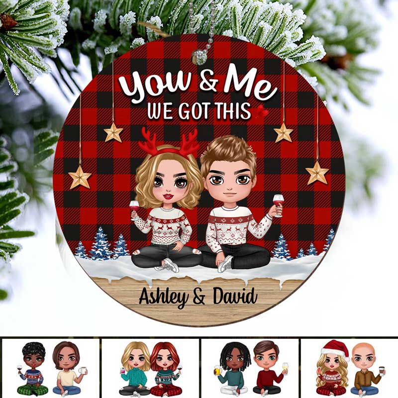 Checkered Pattern Doll Couple Sitting Personalized Wooden Ornament - Image 2