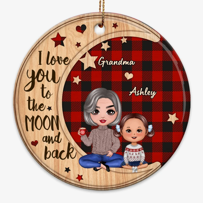 Checkered Pattern Doll Grandma & Grandkid On Moon Personalized Circle Ornament - Image 3