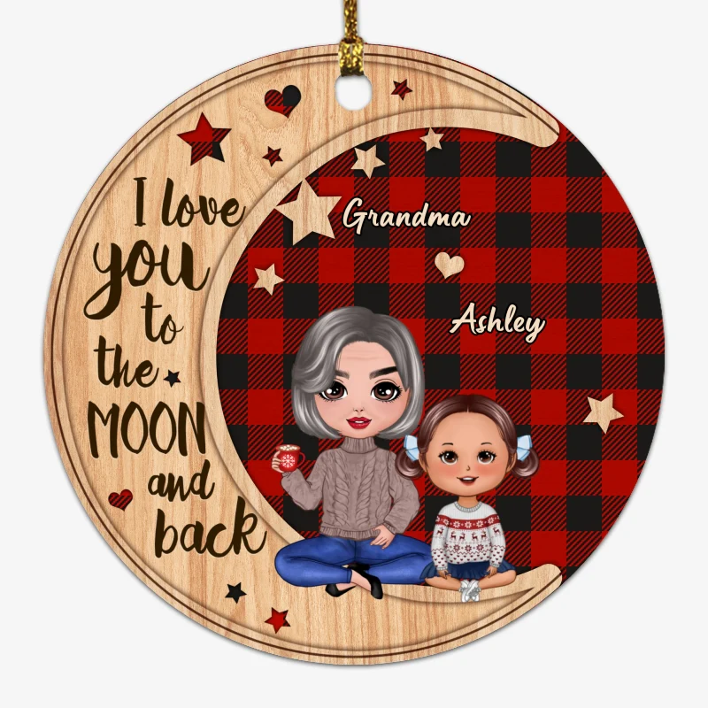 Checkered Pattern Doll Grandma & Grandkid On Moon Personalized Circle Ornament - Image 4