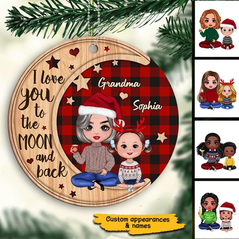 Checkered Pattern Doll Grandma & Grandkid On Moon Personalized Wooden Ornament - Image 2