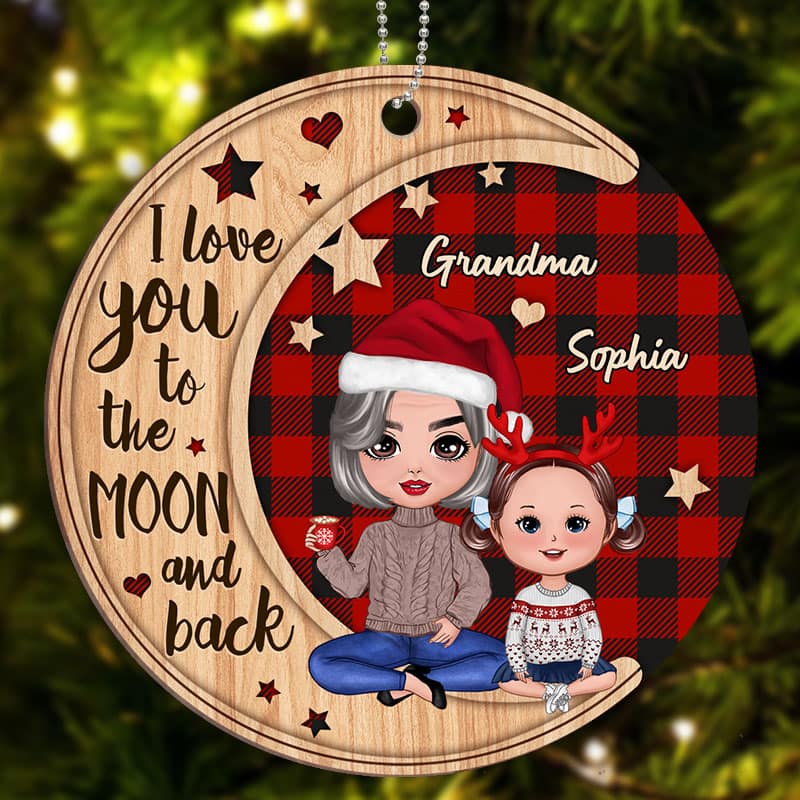 Checkered Pattern Doll Grandma & Grandkid On Moon Personalized Wooden Ornament - Image 3