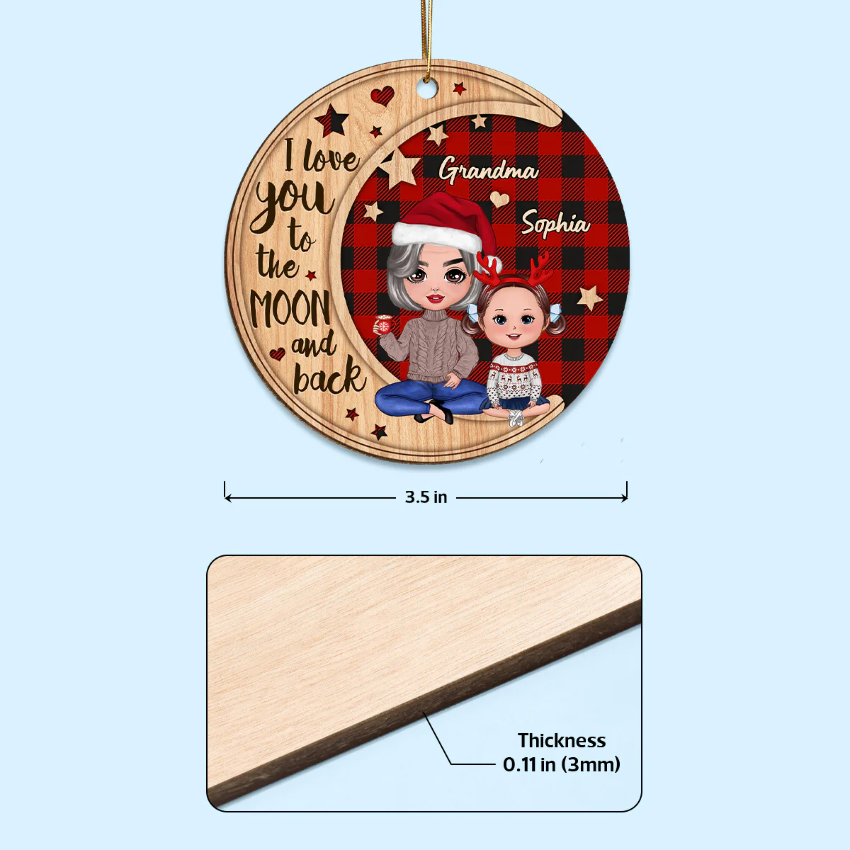 Checkered Pattern Doll Grandma & Grandkid On Moon Personalized Wooden Ornament - Image 4